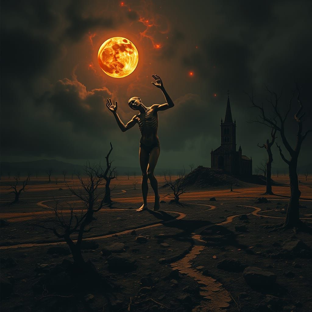 Eternal Twilight: A Desolate Figure in a Land of Fire and Sh...