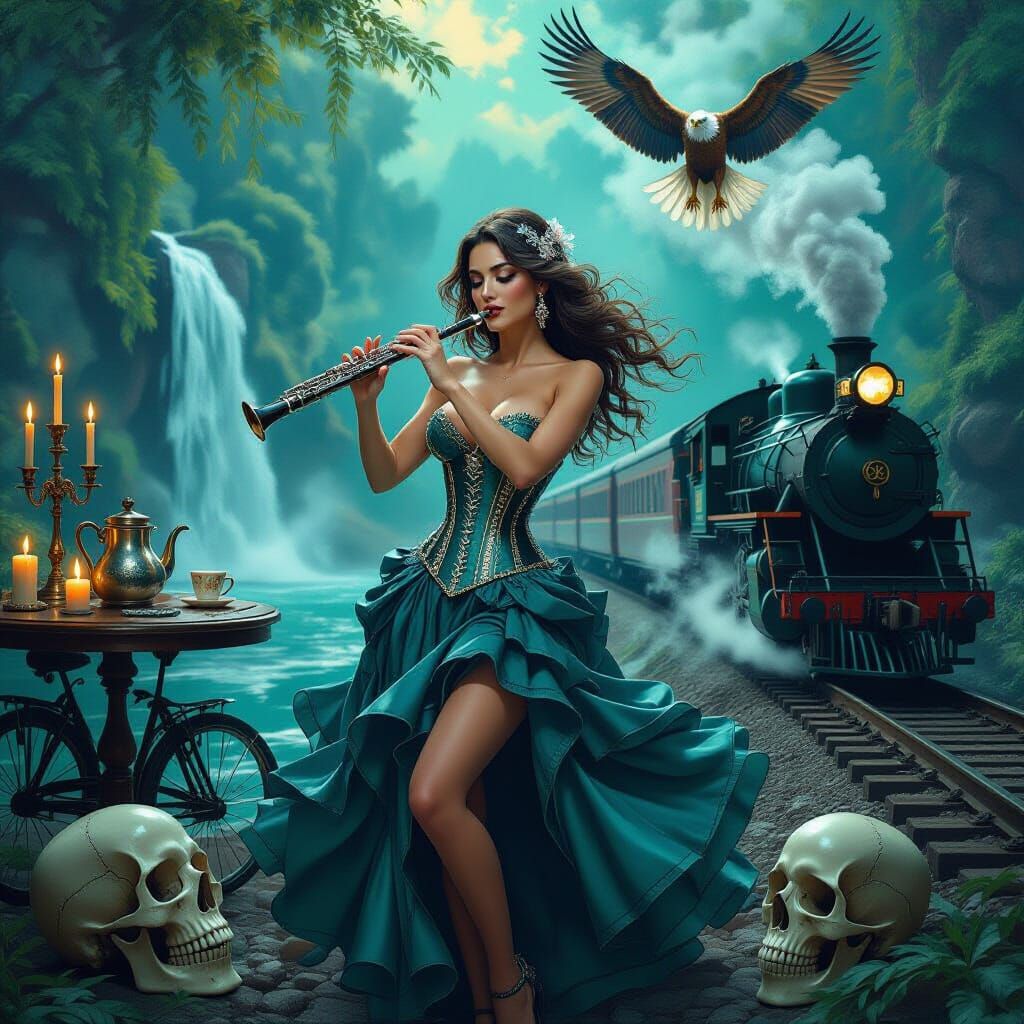 Surreal Beauty Dances with Skulls and Waterfall in Indigo Hu...