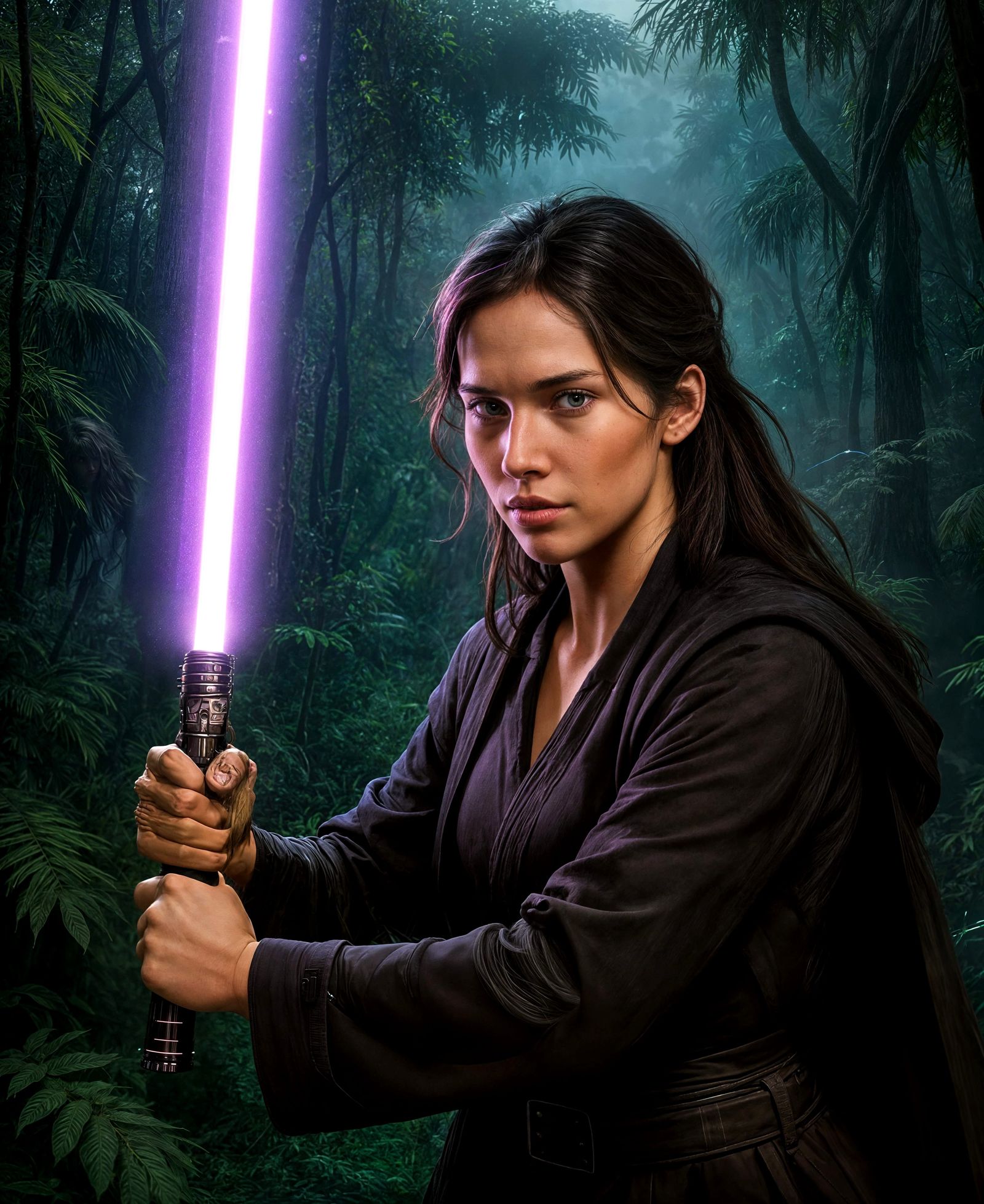 Jaina Solo with her purple lightsaber is training in the jungle moon