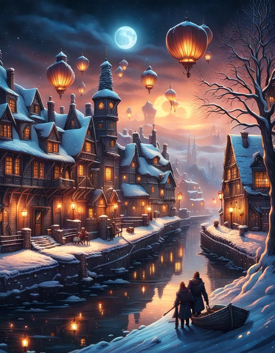 Steampunk City Winter Riverscape Under Starry Skies