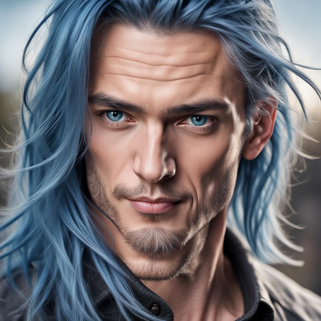 Gorgeous Man with Blue Hair: Hyperrealistic Portrait