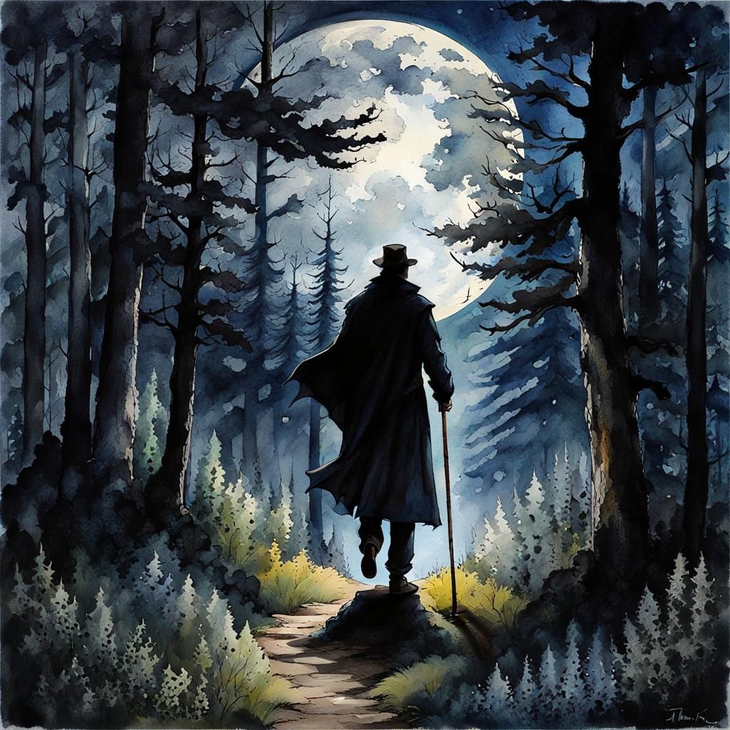 Lone Traveler in Dark Forest, Watercolor and Ink