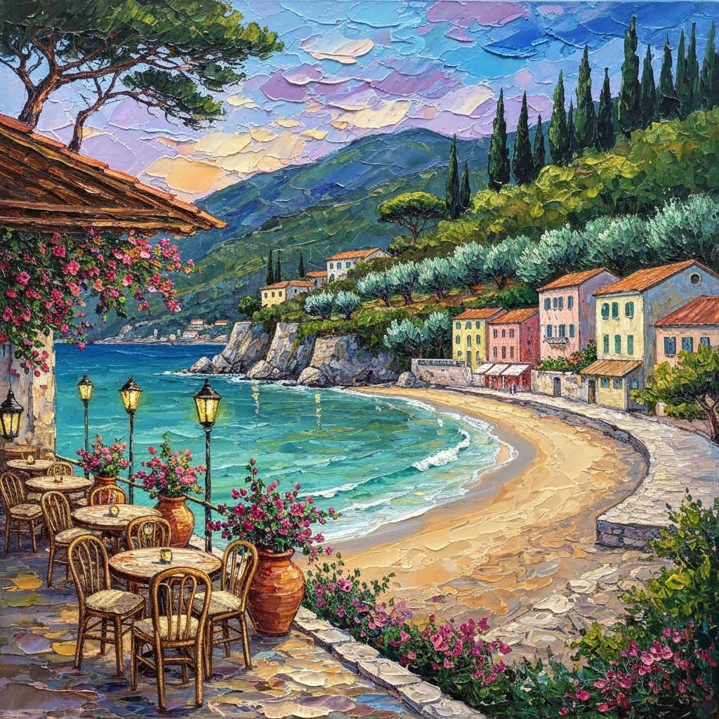 Corfu Coffee Terrace: Impasto Evening Seaside Scene