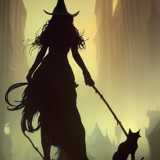 Dark Fantasy Witch and Cat, Hyperdetailed Art