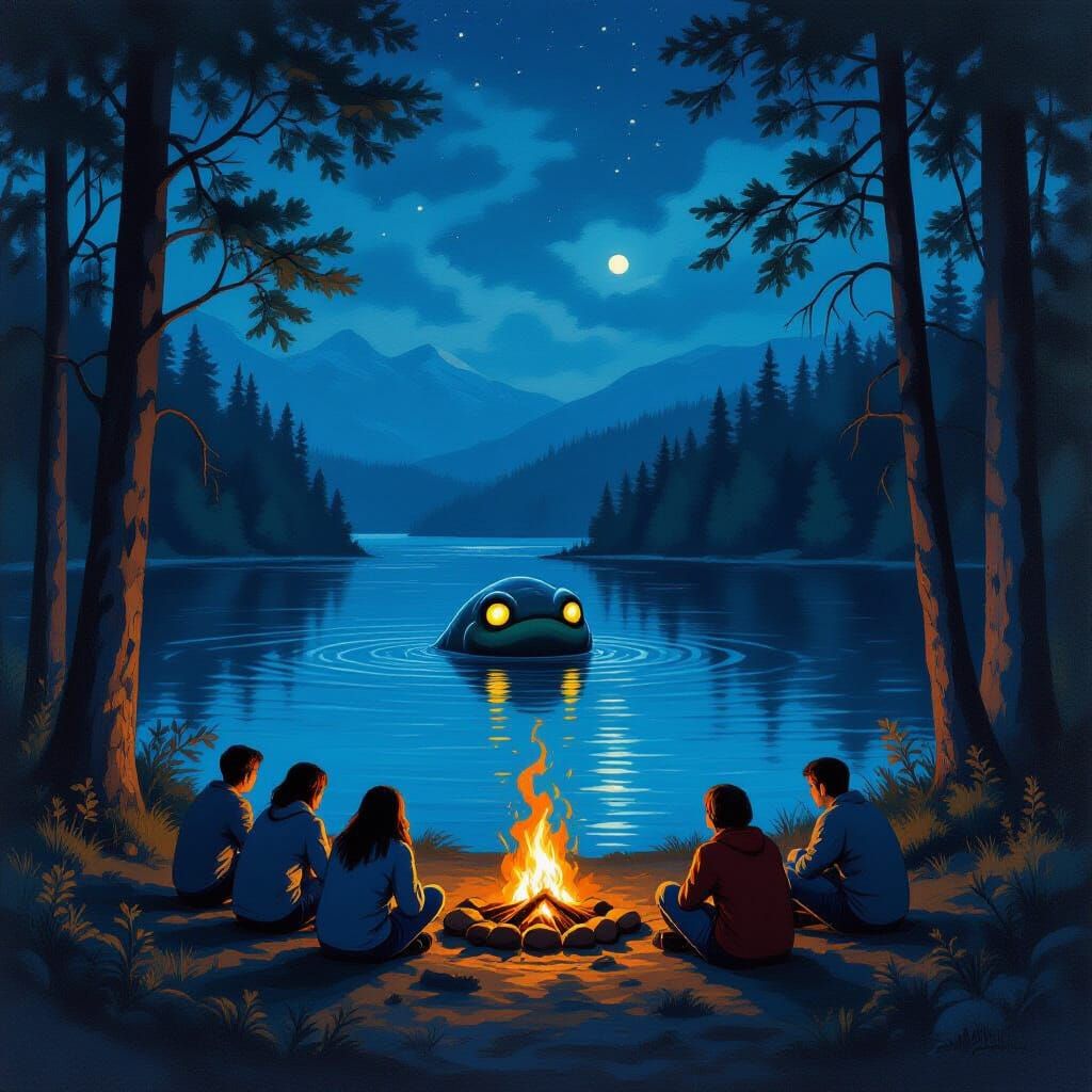 Loch Ness Monster Emerges in Forest Oil Painting