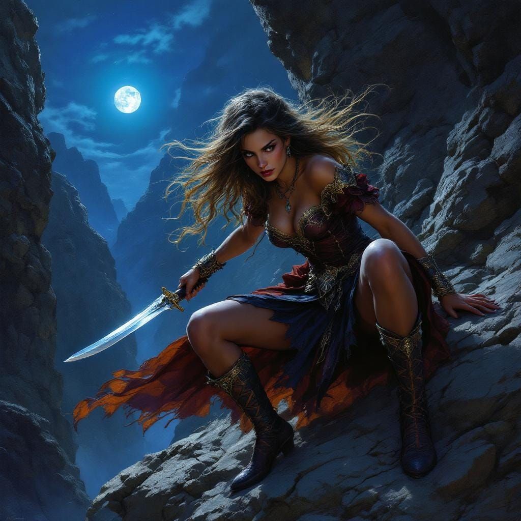 Fantasy Woman with Dagger in Moonlit Landscape