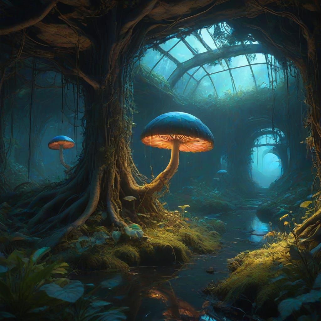 Decaying Greenhouse Botanical Garden with Eerie Bioluminesce...