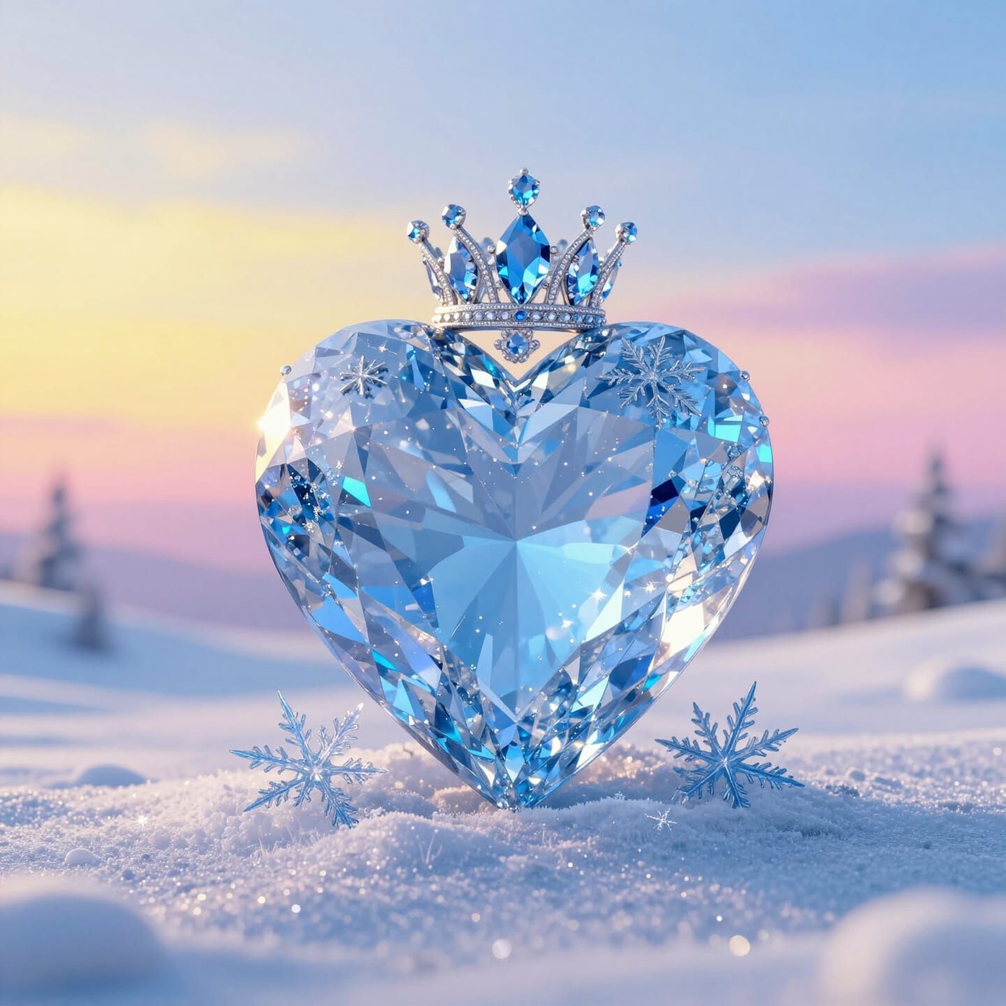 Hyperrealistic Blue Diamond Heart with Crystal Crown at Suns...