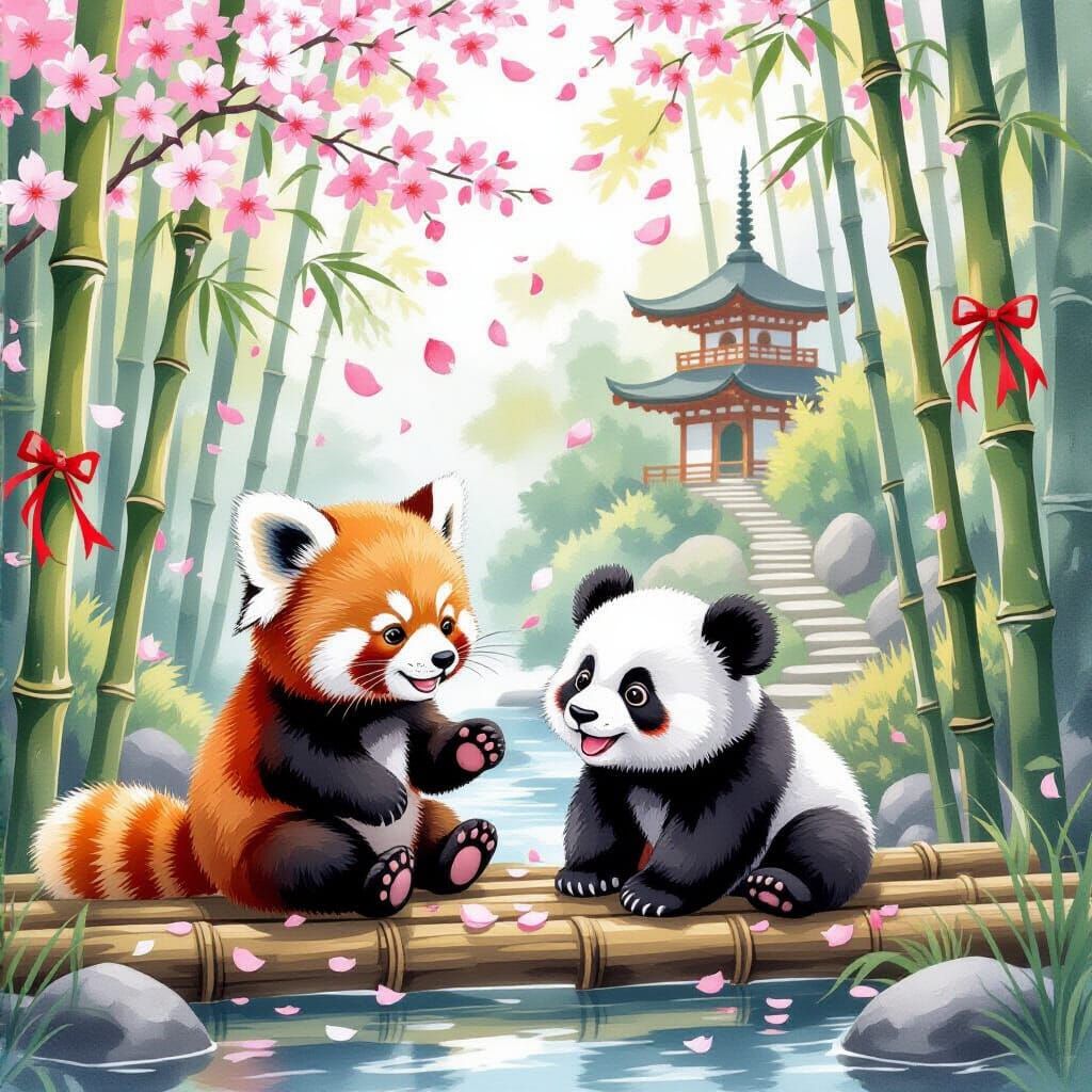 Cute Panda Cubs Play in Bamboo Forest Watercolor