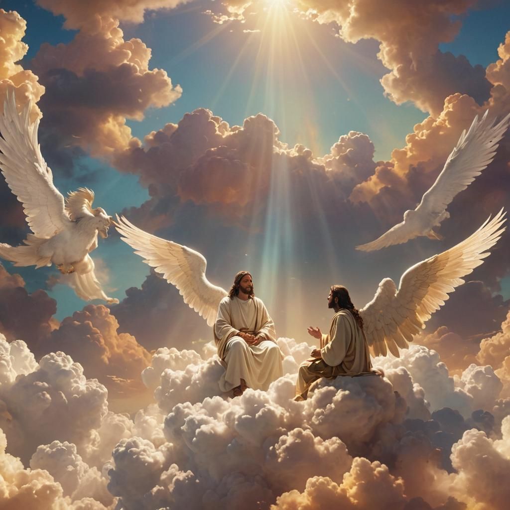 Jesus and God Chatting with Angels on Clouds