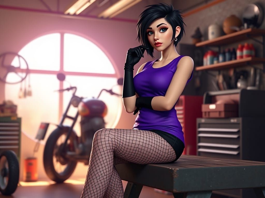 Curvy Woman in Garage: Pixar-Style 3D Digital Art
