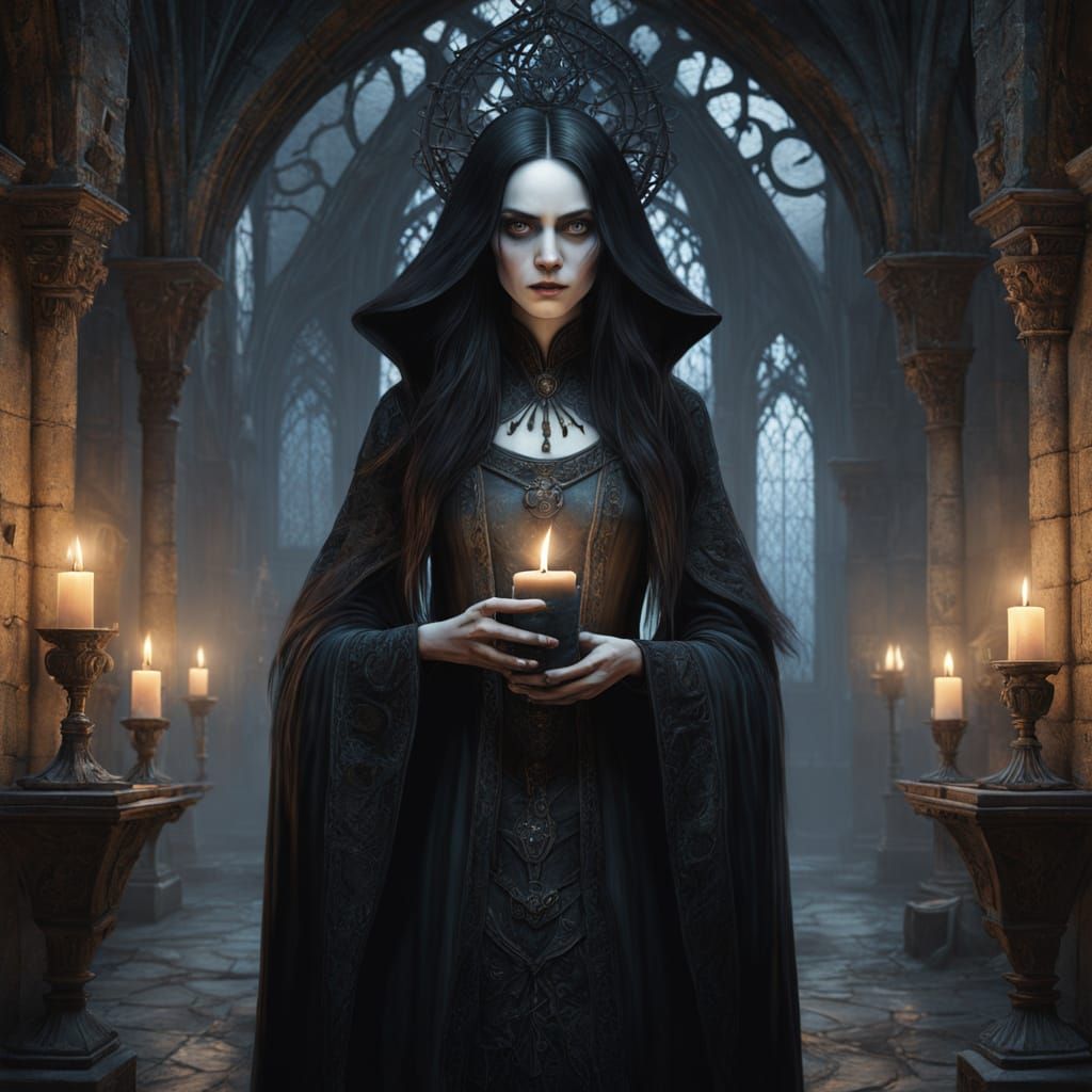 Dark Fantasy Witch with Glowing Candle in Gothic Chamber