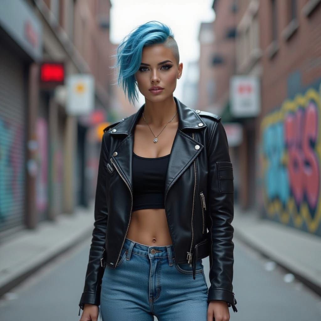 Punk Woman with Blue Hair in Urban Setting - Photorealistic