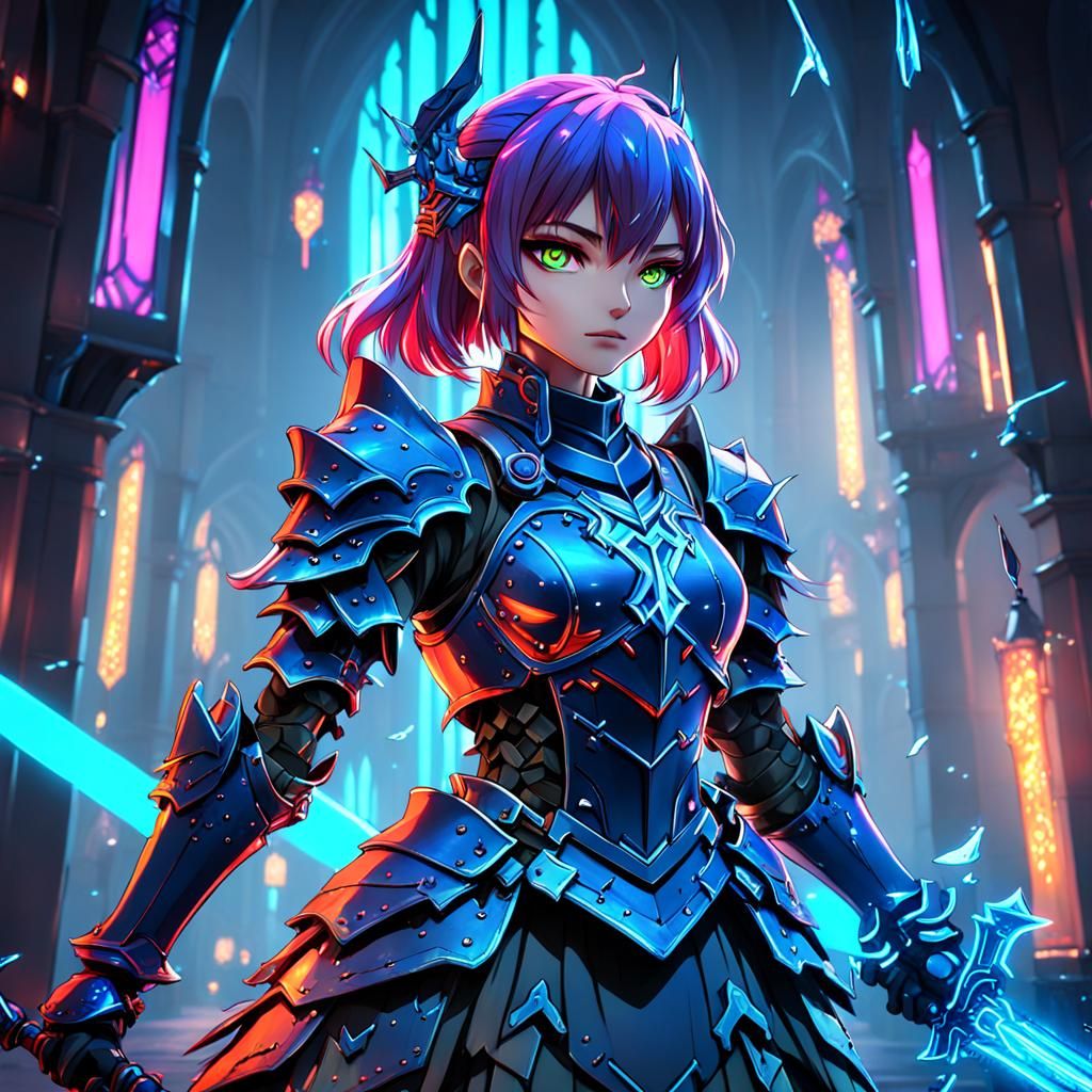 Anime Knight Girl in Neon Fantasy Style