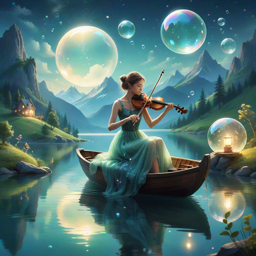 Dreamy Fantasy Scene with a Violinist in a Soap Bubble