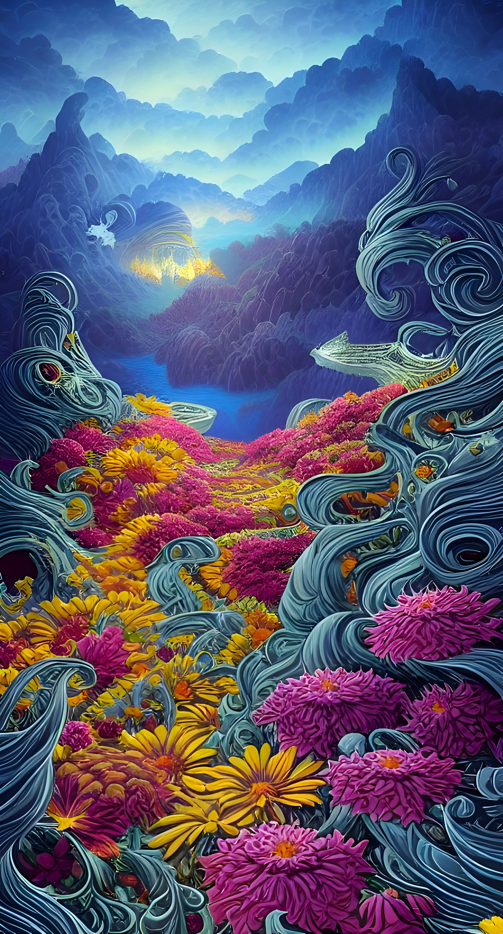 Ornate Cosmic Nature Scene in Colored Ink