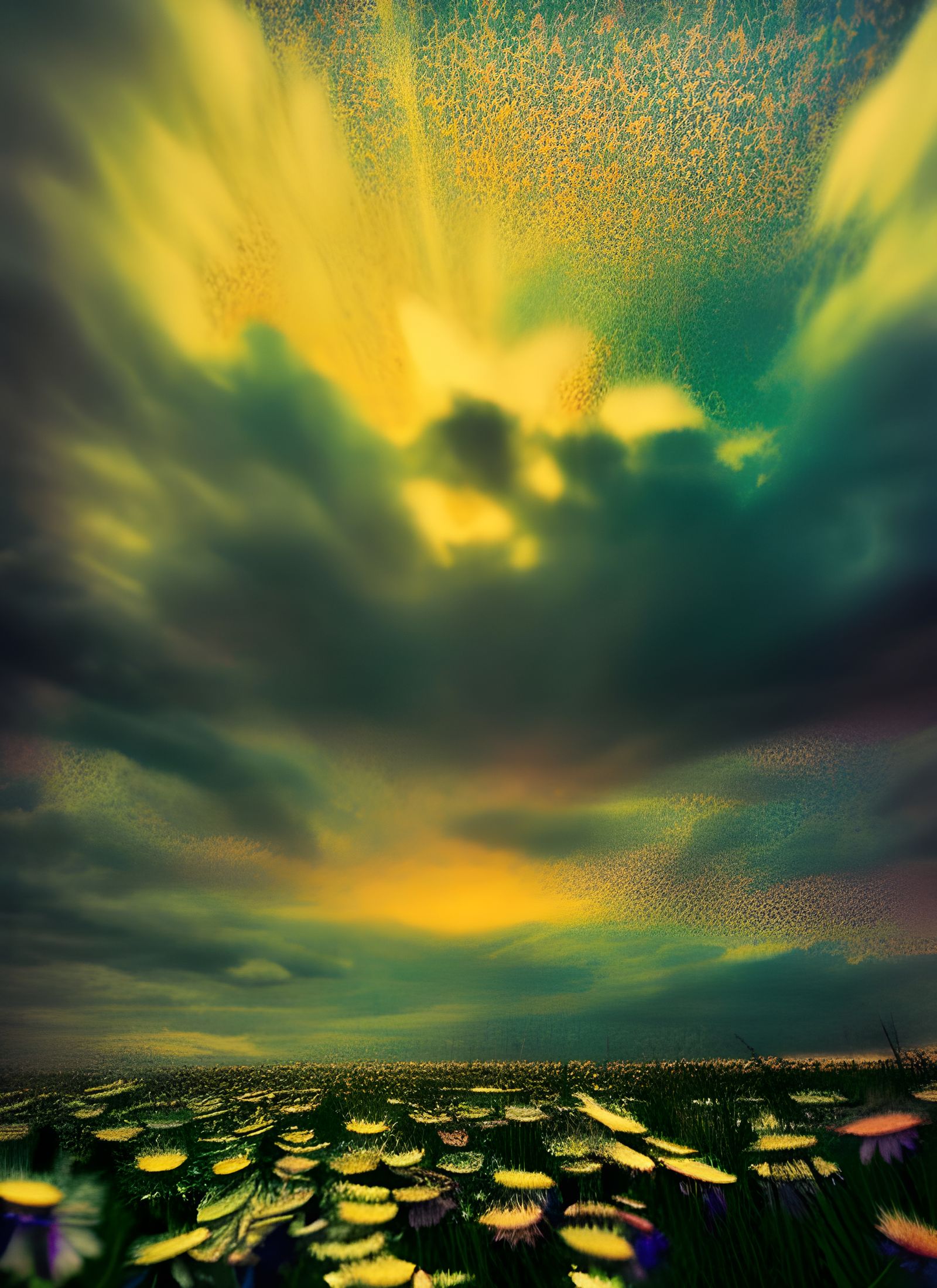 Surreal Dandelion Bouquet Under Speckled Morning Sky