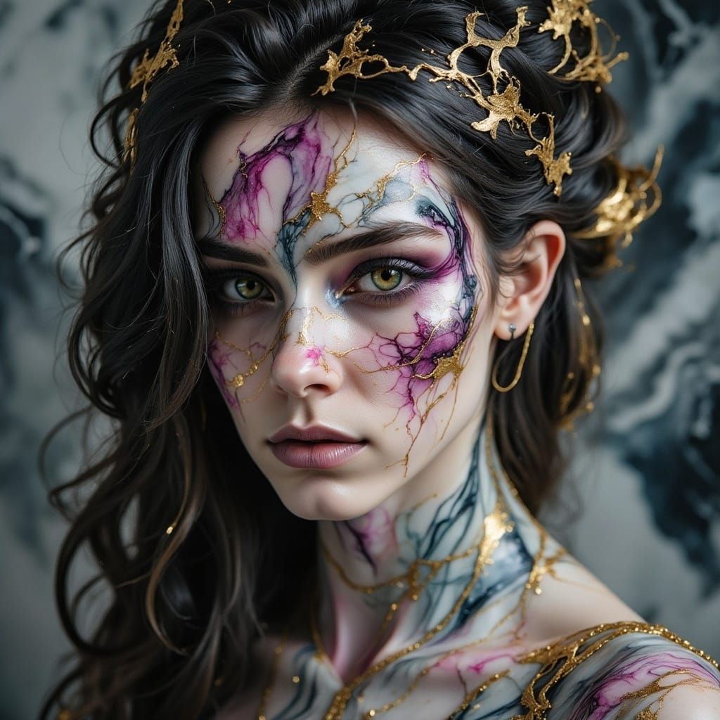 Gothic Woman Portrait with Marble Texture in Watercolor