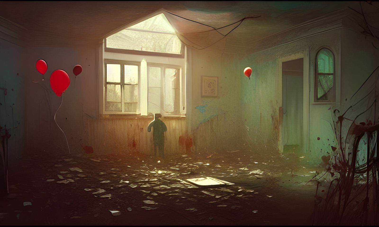 Surreal Horror Scene in Abandoned House