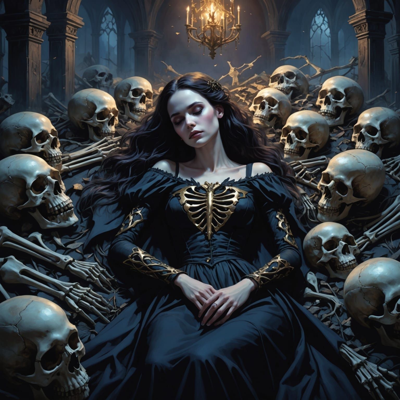 Gothic Brunette's Ethereal Sleep Among Skeletons