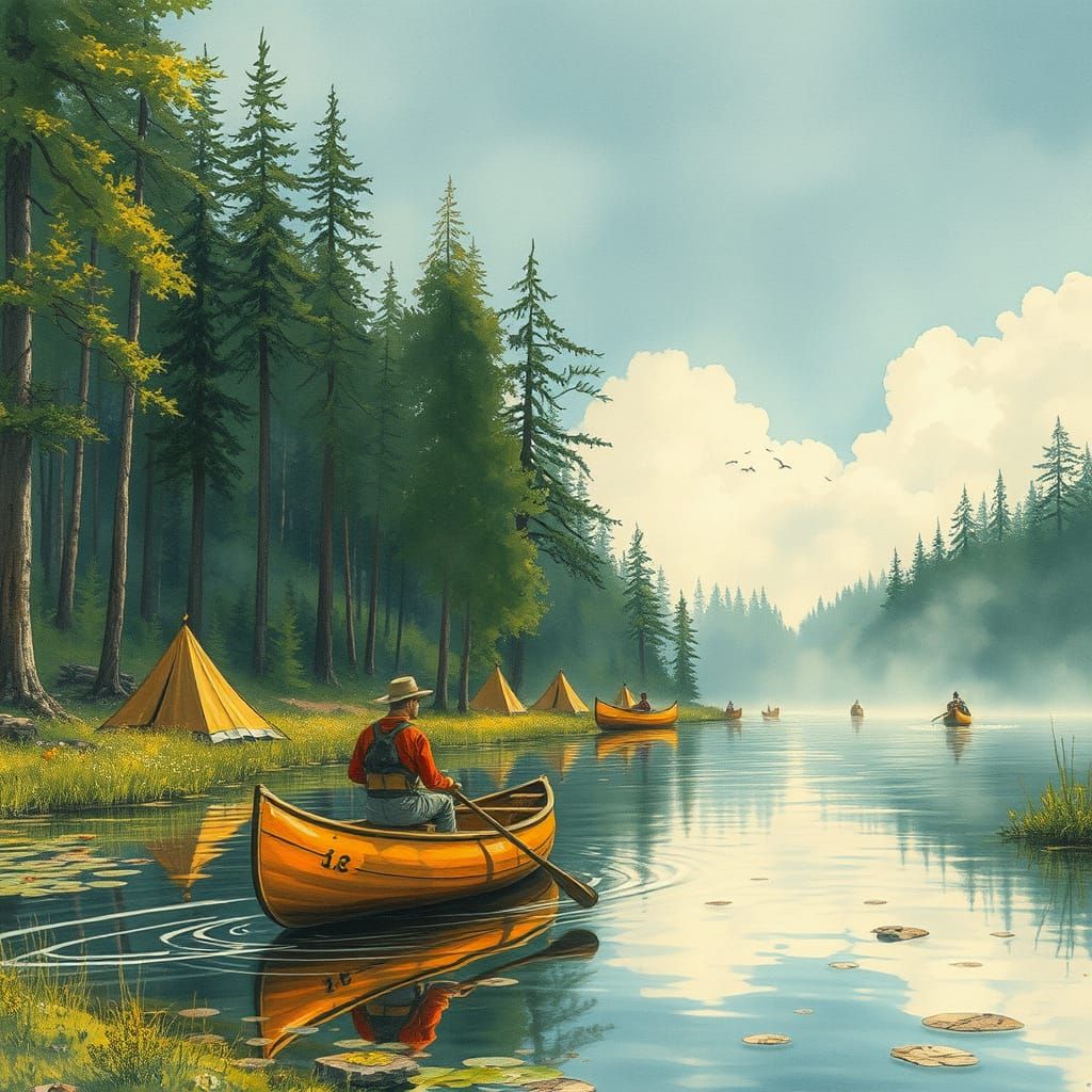 Watercolor Canoe Scene in Hyperdetailed Maximalist Style