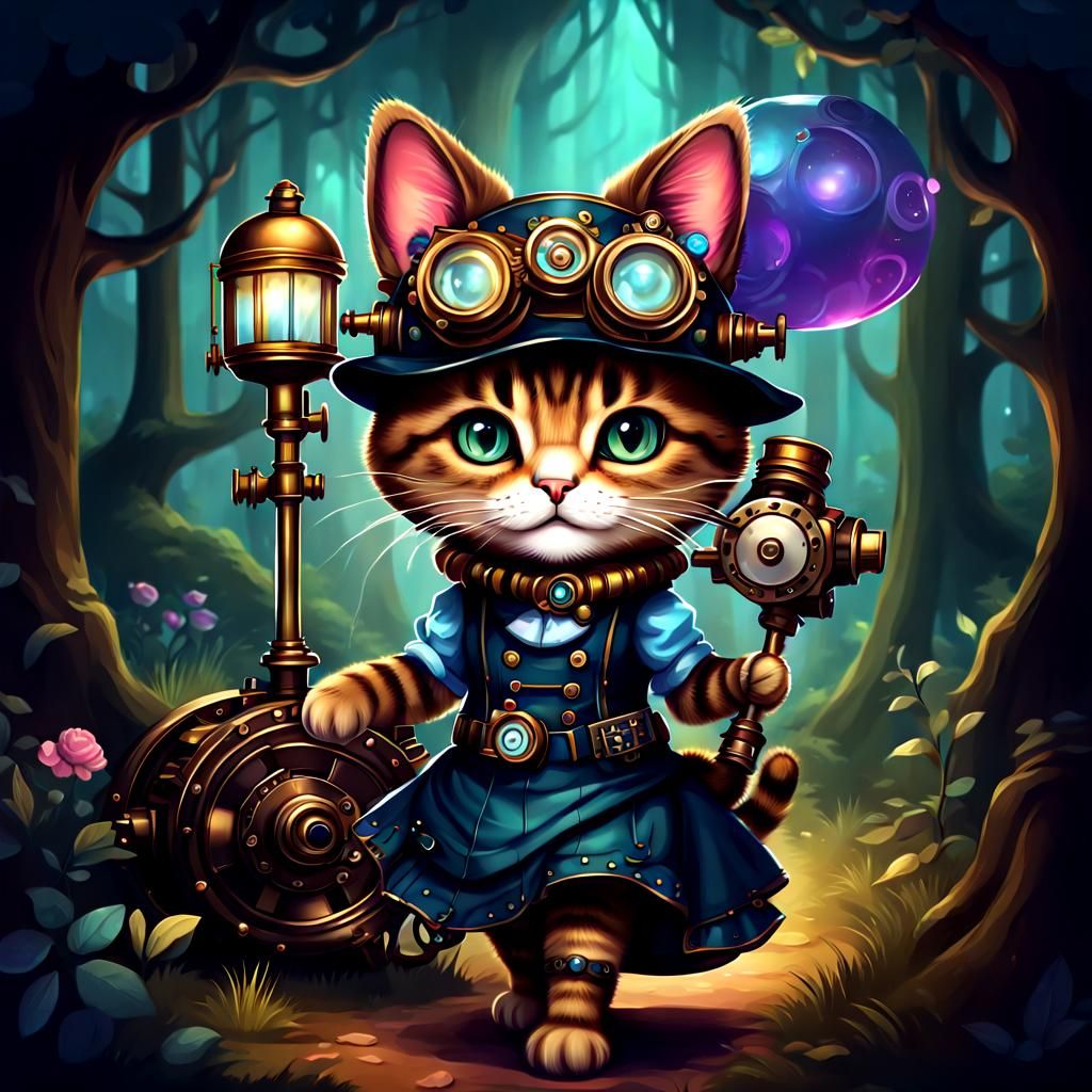 Steampunk Cat in Enchanted Forest Illustration