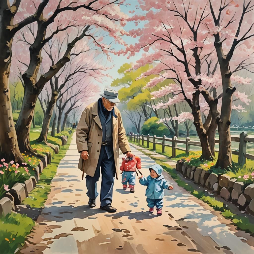 Impressionist Grandfather Teaches Baby to Walk