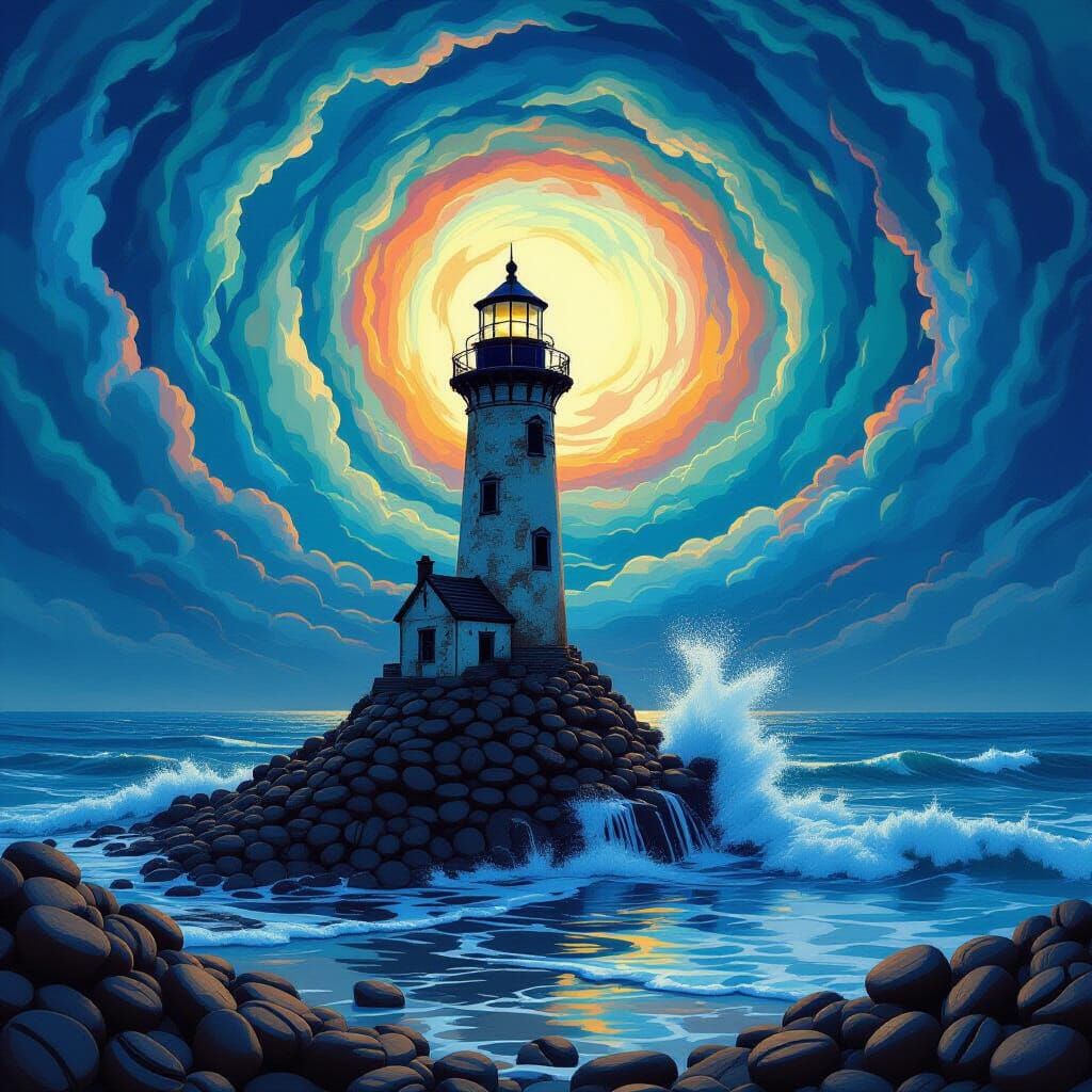 Lighthouse on Coffee Bean Island Under Swirling Skies