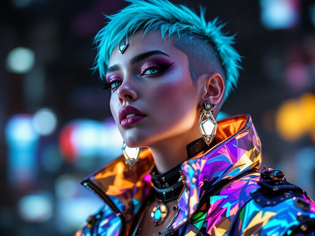 Glamorous Cyberpunk Goddess in Vibrant Holographic Attire
