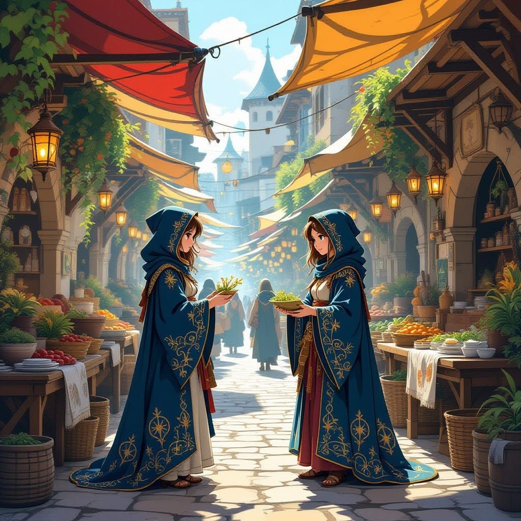 Sorceress Haggles for Herbs in Medieval Market