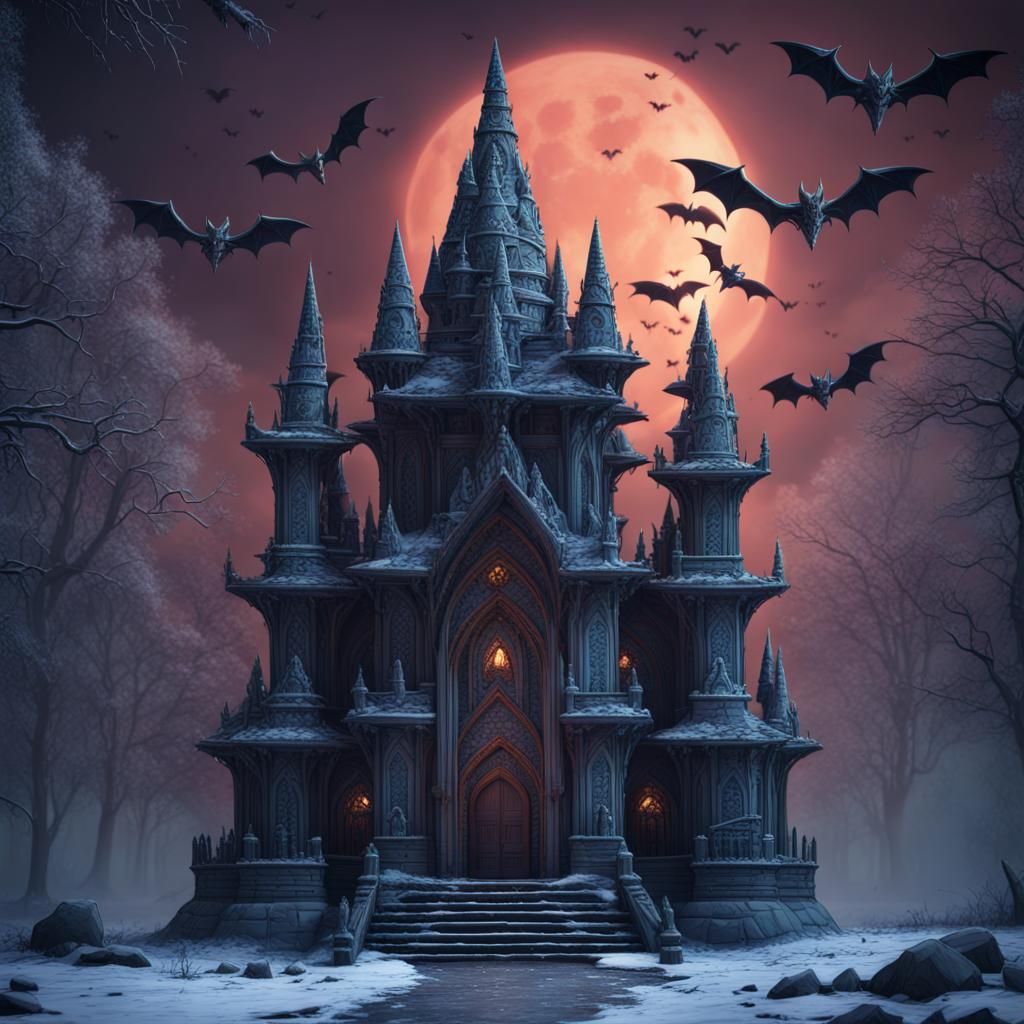 Gothic Comic Winter Hindu Temple with Bats
