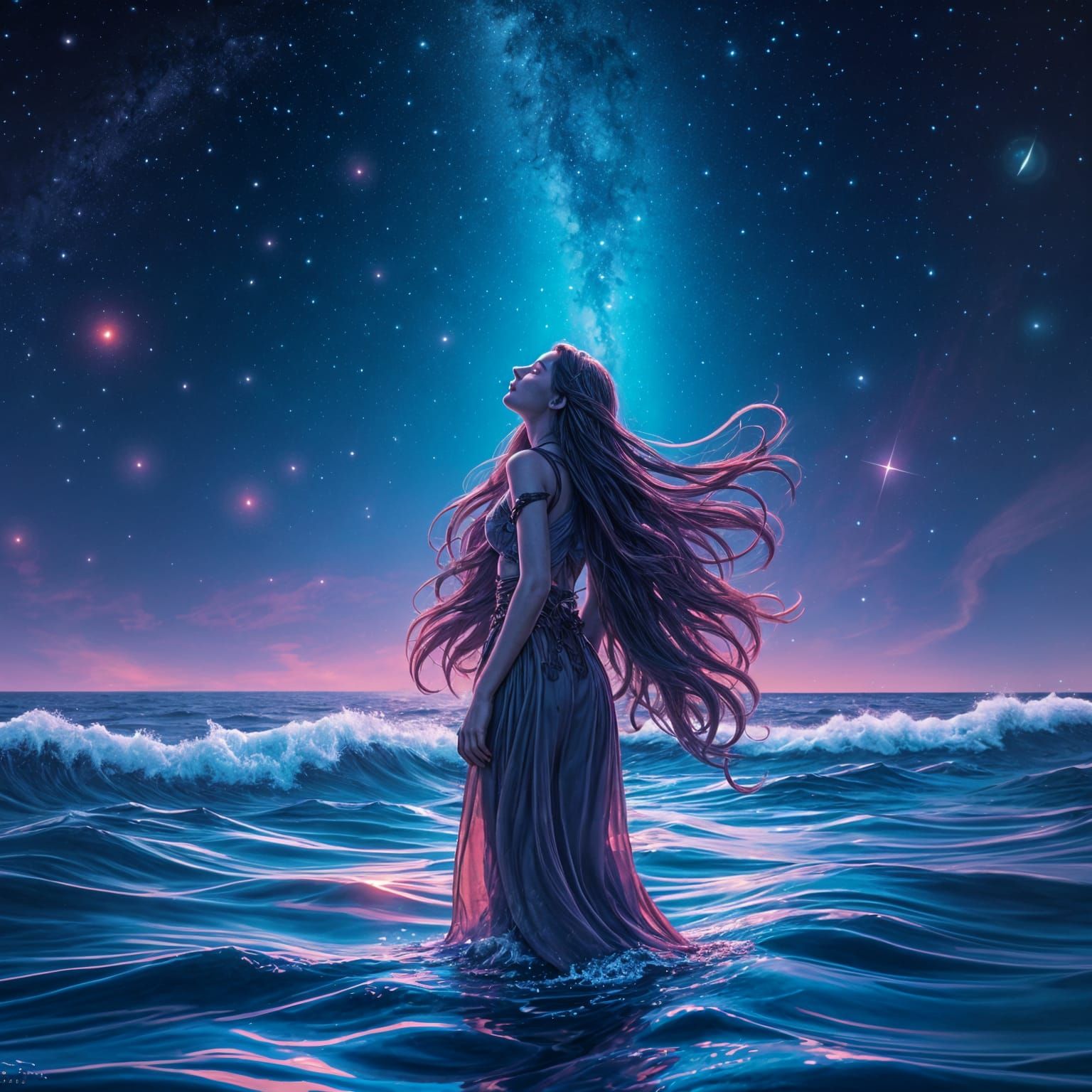 Lady Under Starlight Ocean Scene in Vibrant Color