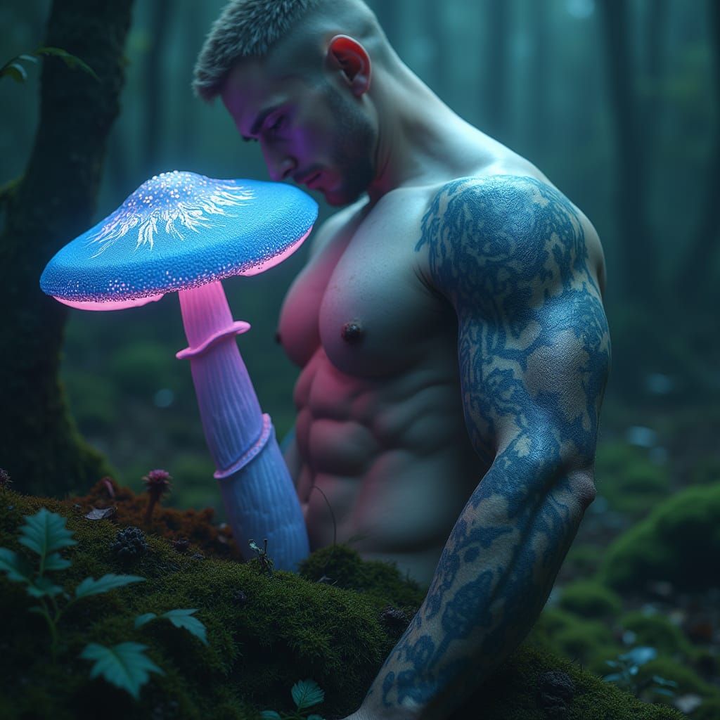 Surreal, Enchanted Forest Scene with Glowing Magic Mushroom ...