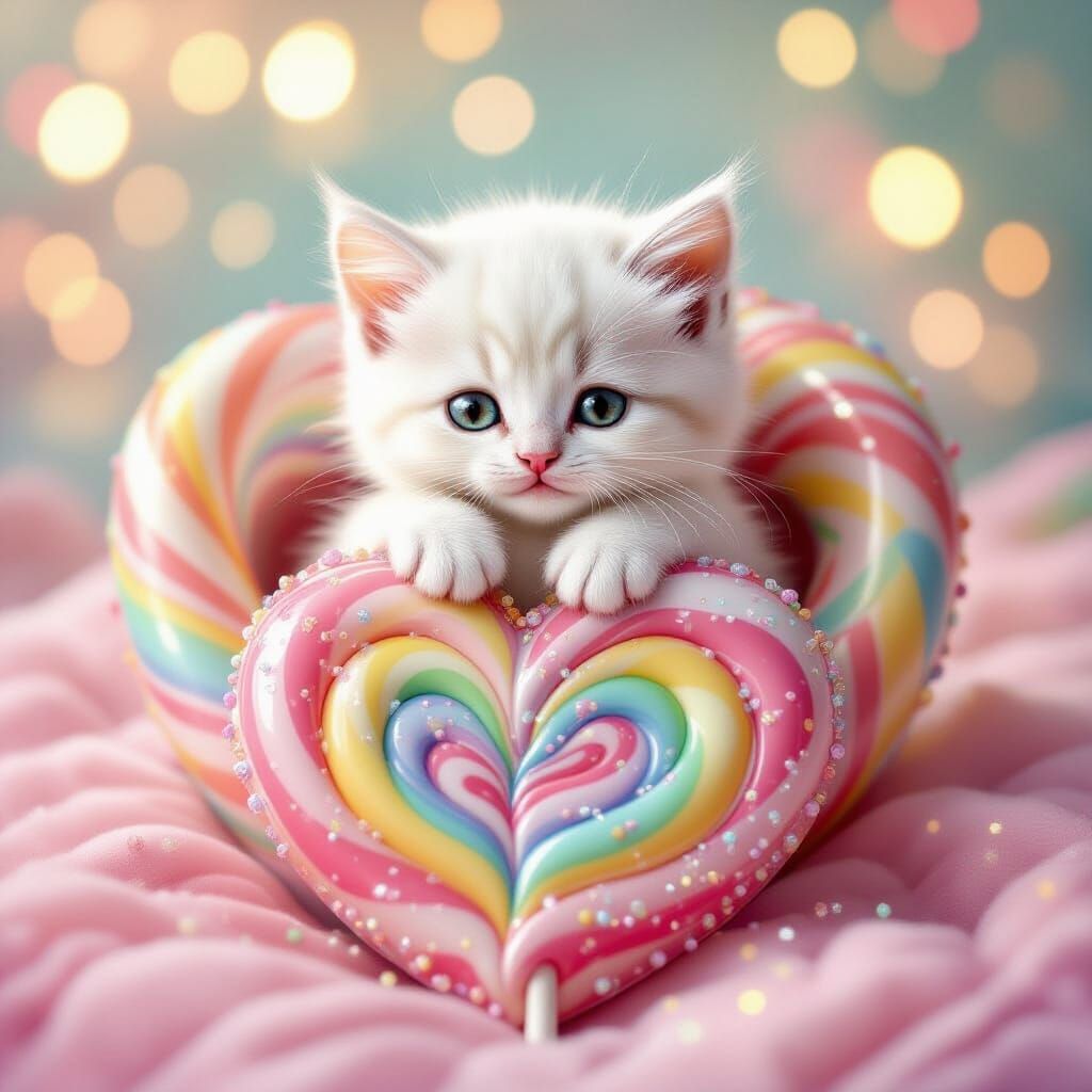 Kitten Sleeping in a Rainbow Lollipop, Whimsical Art
