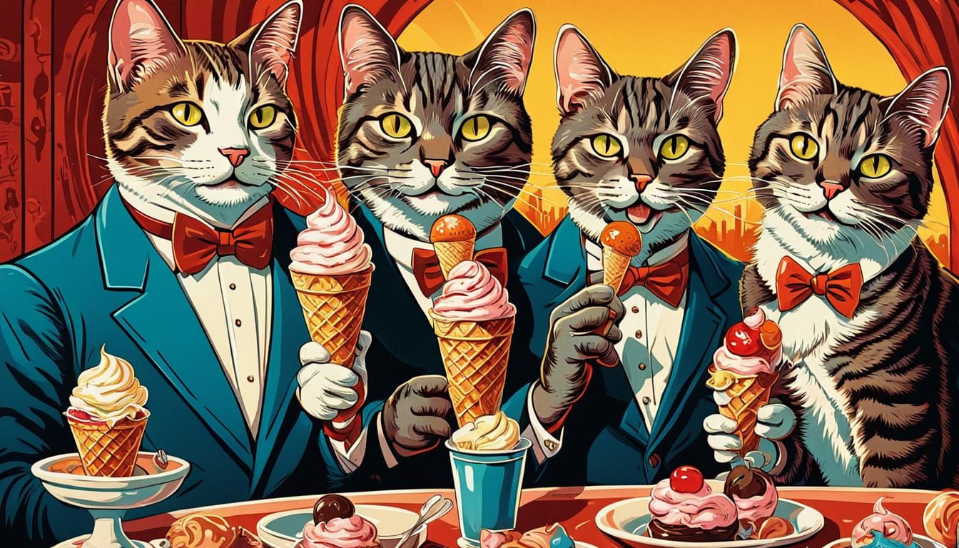 Dapper Cats Enjoying Ice Cream: A Retro Illustration