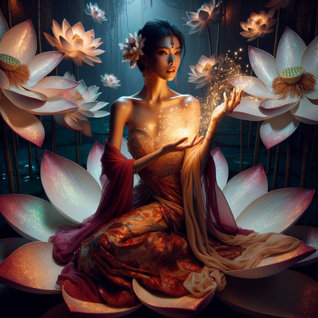 Ethereal Woman in Iridescent Lotus Flower Garden