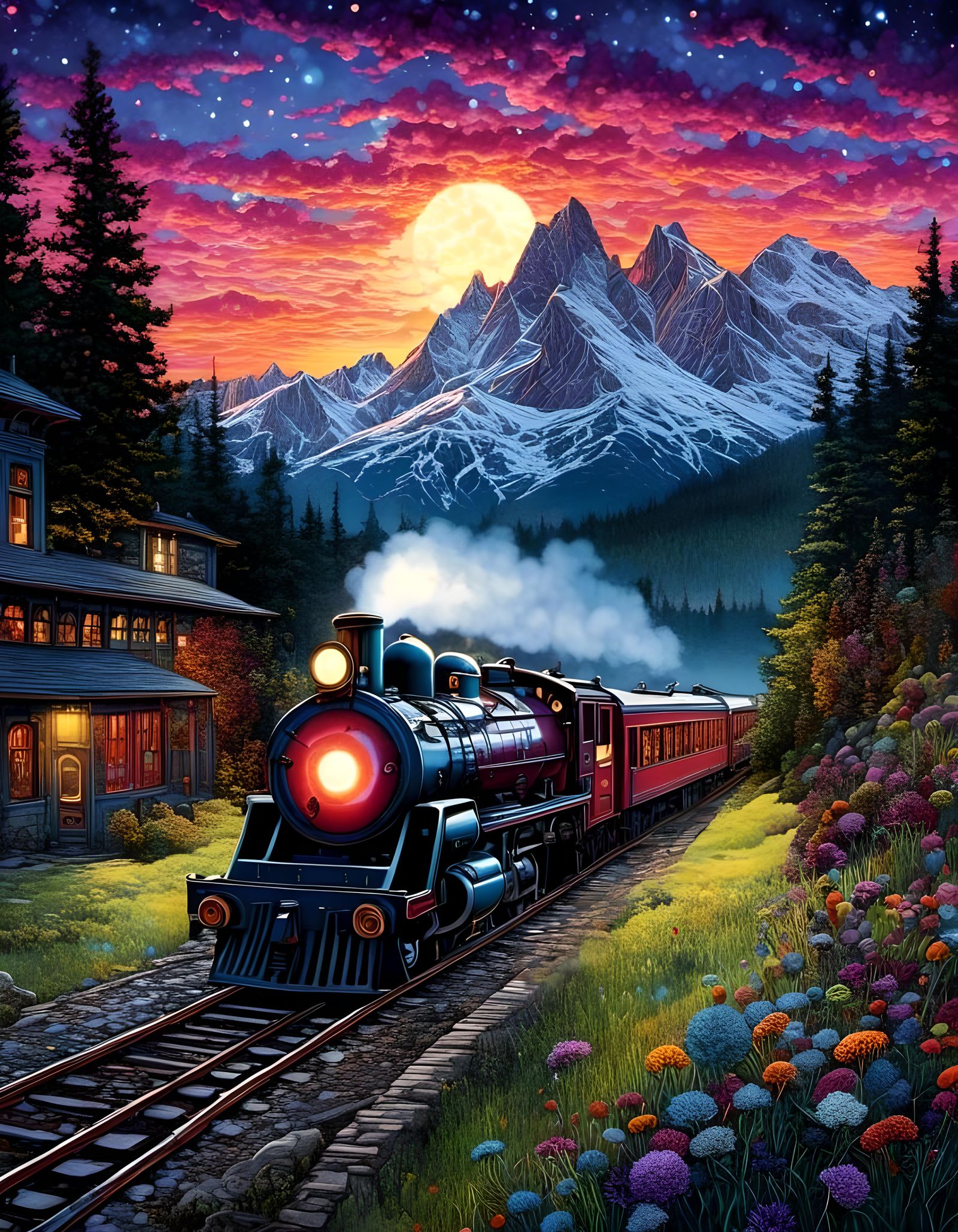 Mountain Train Station Sunrise in Alcohol Ink Style
