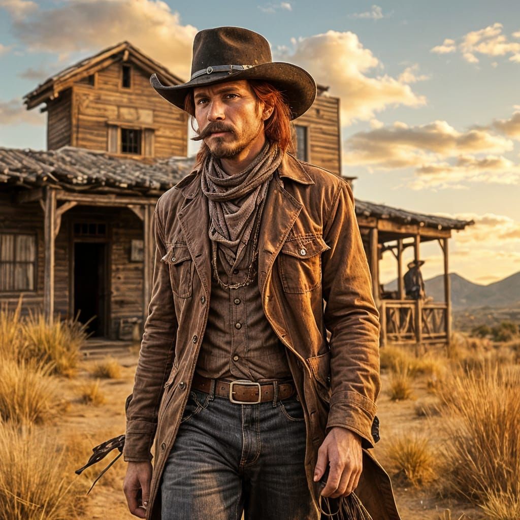 Red-Haired Cowboy in Old Western Landscape