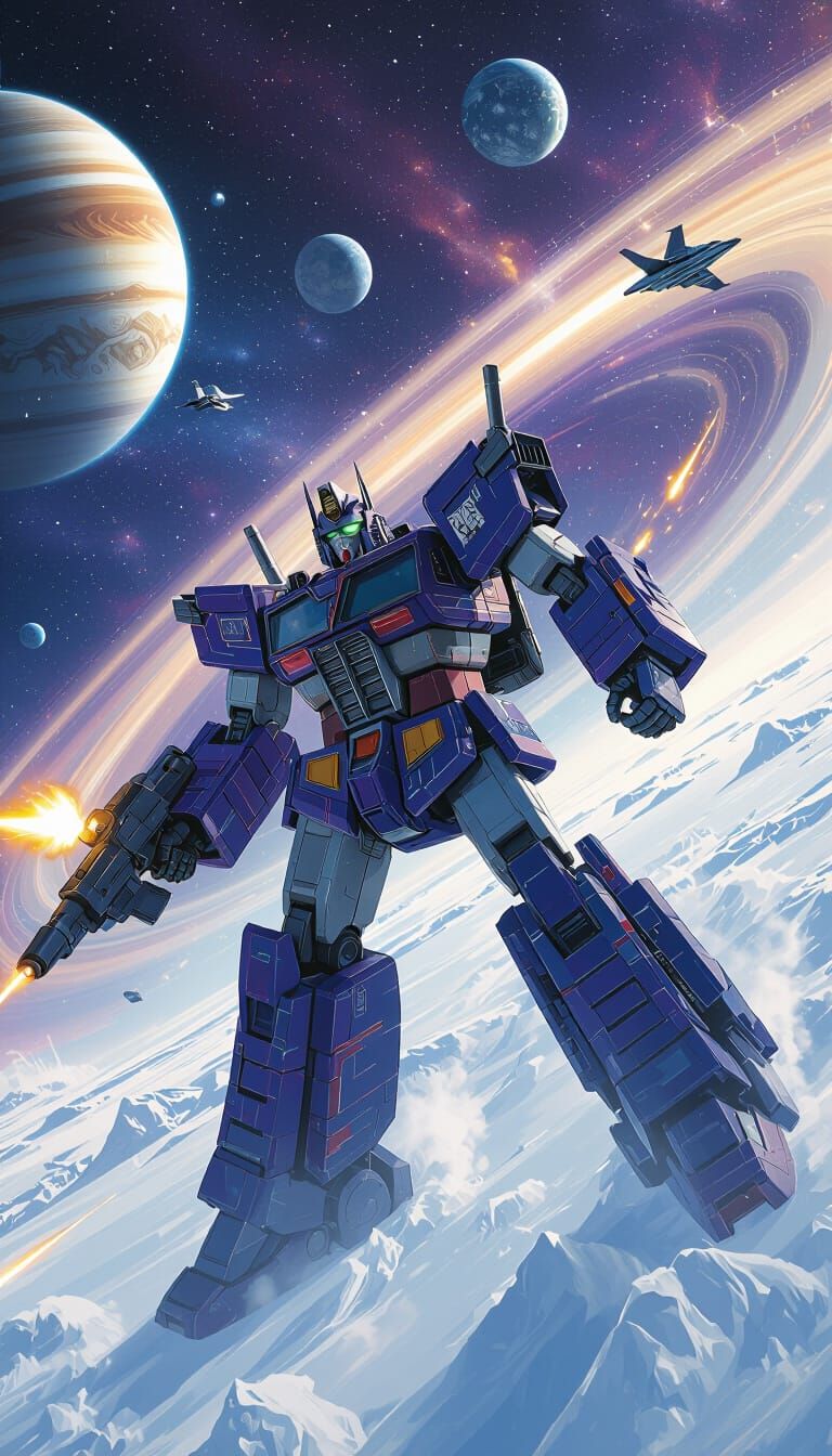 Optimus Prime Battles Through Saturn Rings in Hyperrealism