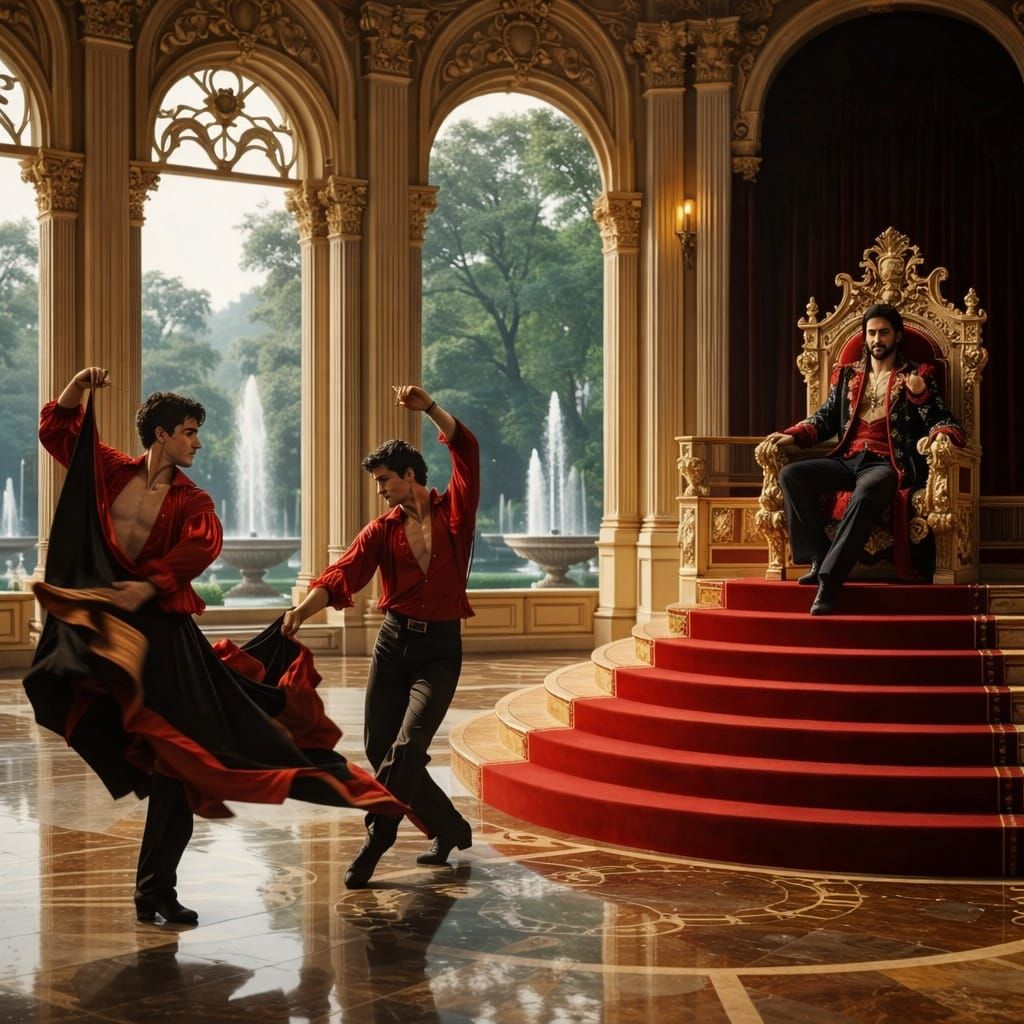 Masculine Gypsy King on Throne with Flamenco Dancers