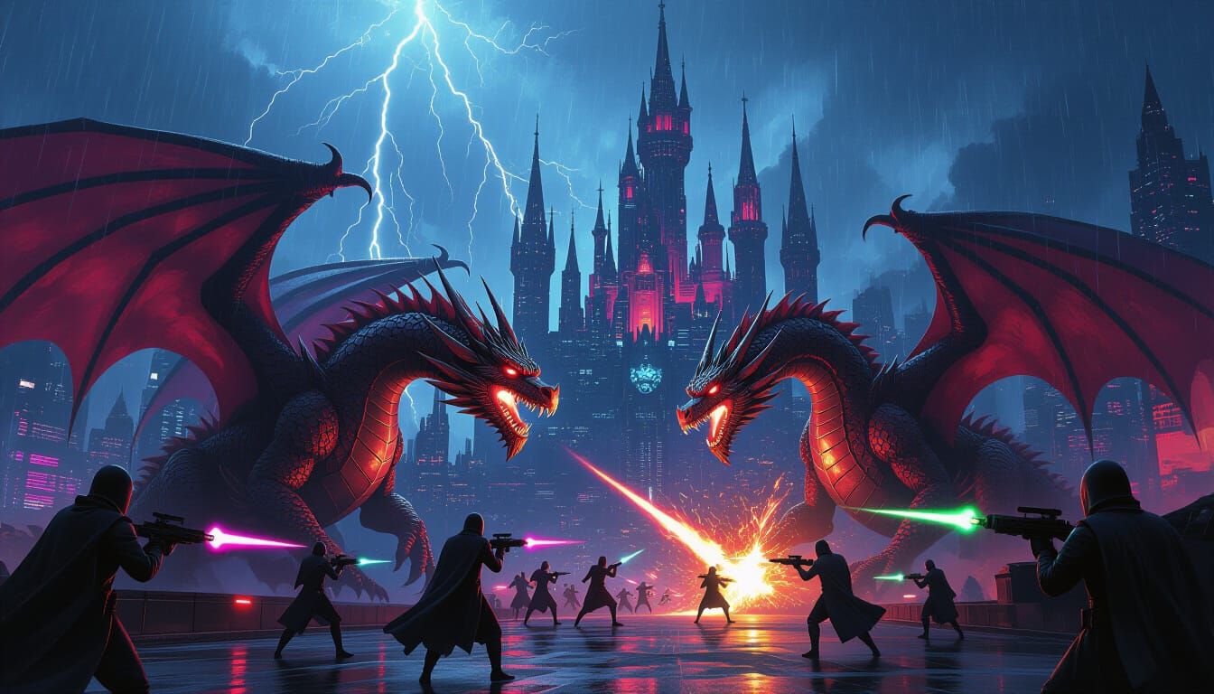 Cyberpunk Dragons Clash in a Neon Cityscape