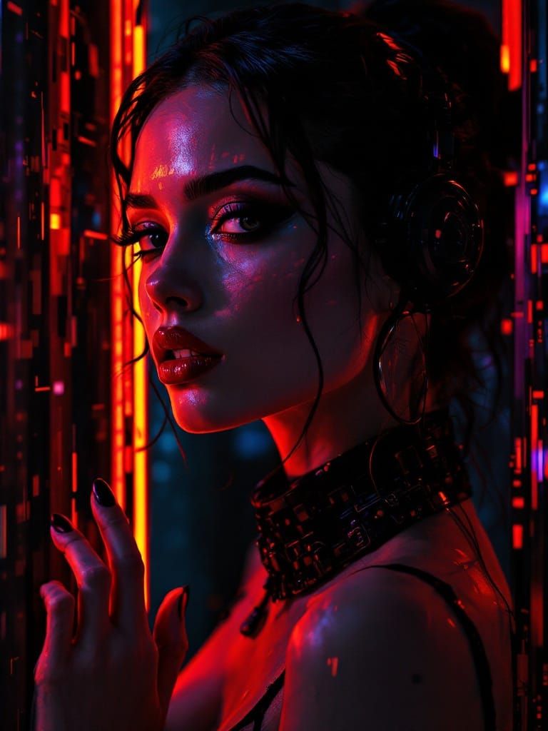 Sultry Cyberpunk Goddess in Neon Chiaroscuro