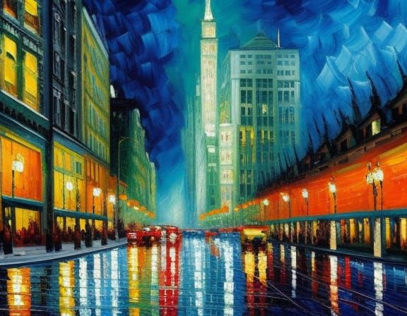 Rainy Cityscape in Impressionistic Style