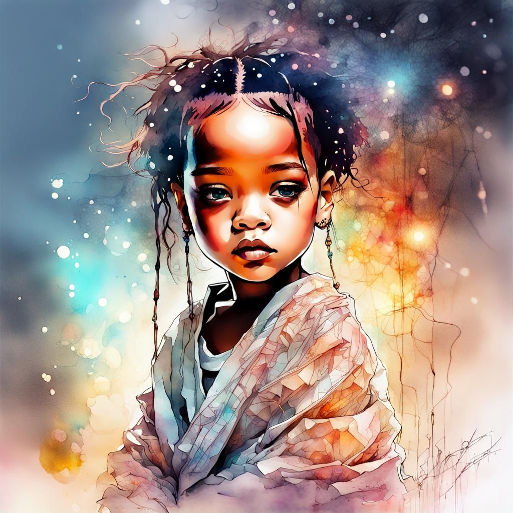 Chibi Rihanna in Watercolor Fantasy Landscape