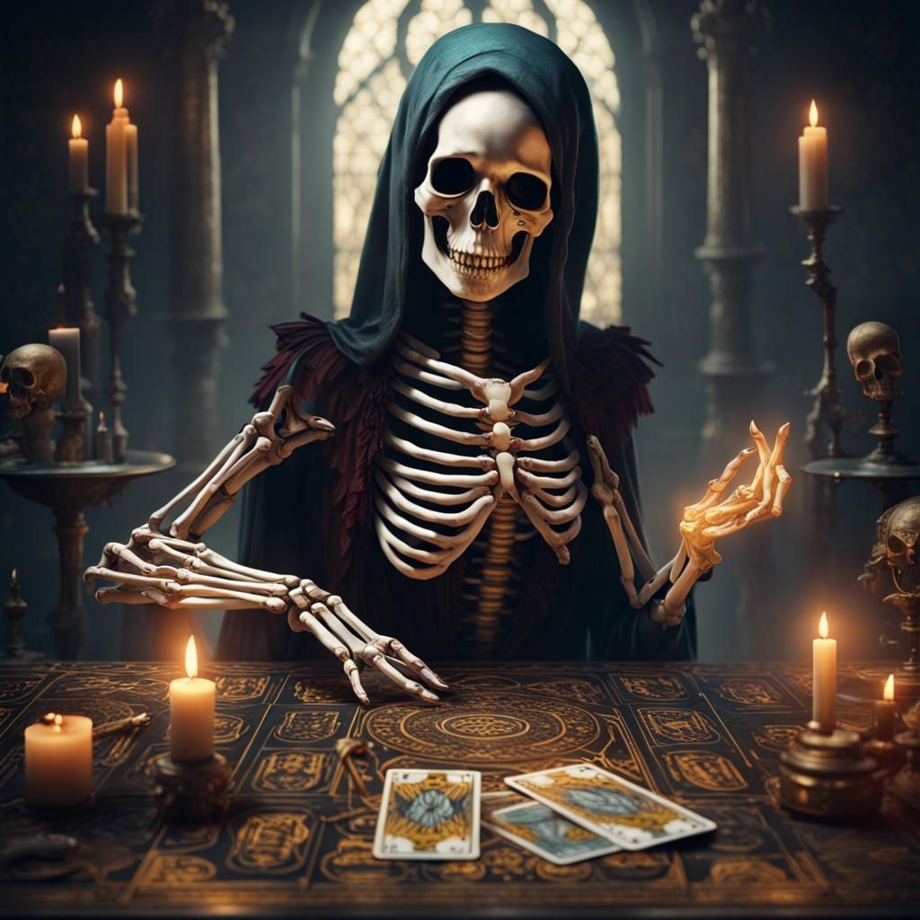 Skeleton Woman Flipping Tarot Cards: Detailed Matte Painting