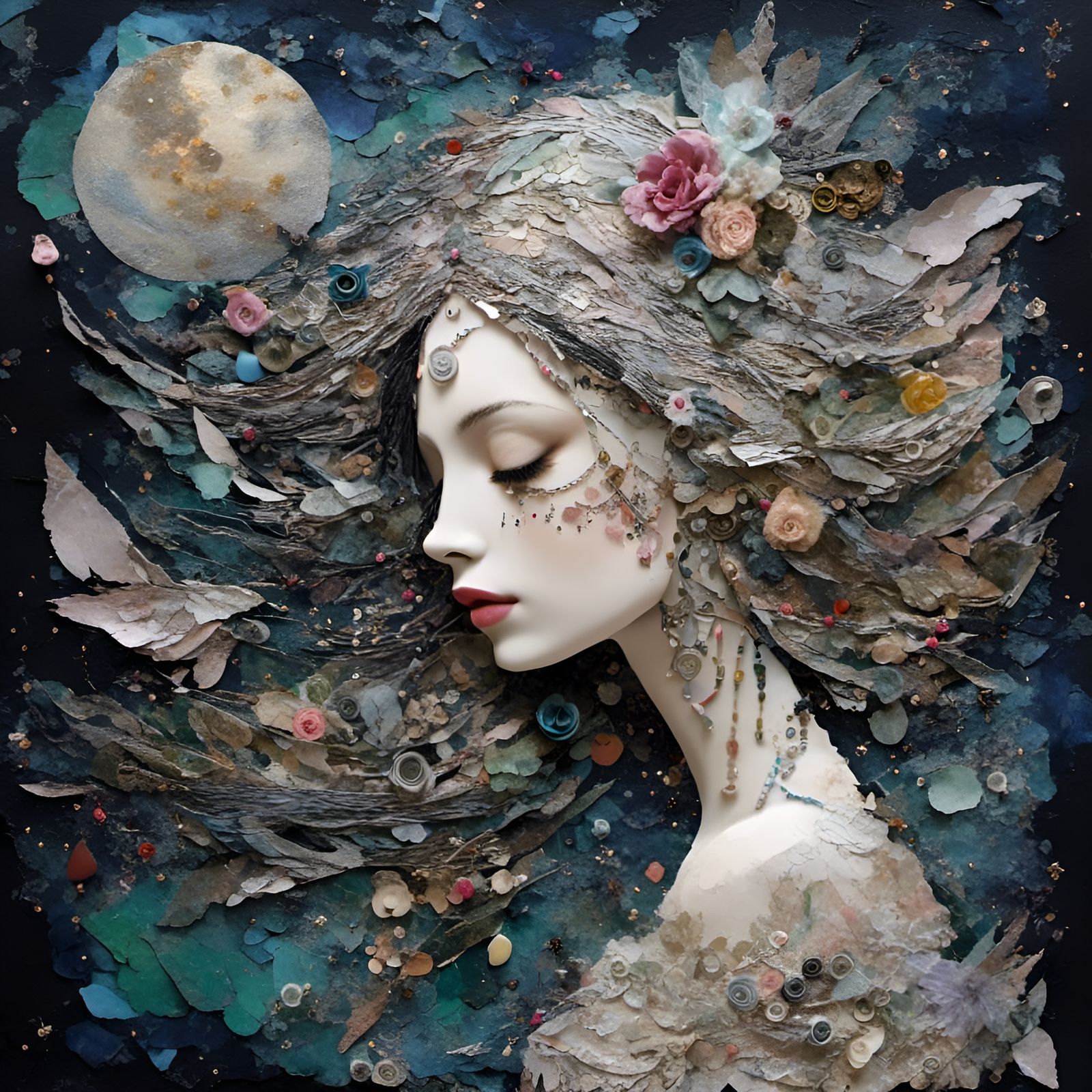 Silvery Moonlit Collage Portrait with Mixed Media Elements