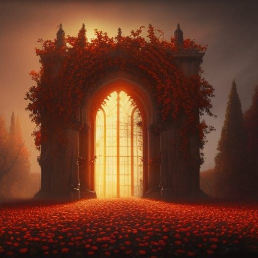 High Gothic Portal with Crimson Roses in Autumn Forest