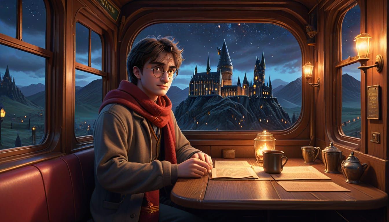 Harry Potter on the Hogwarts Express in Vibrant Anime Style