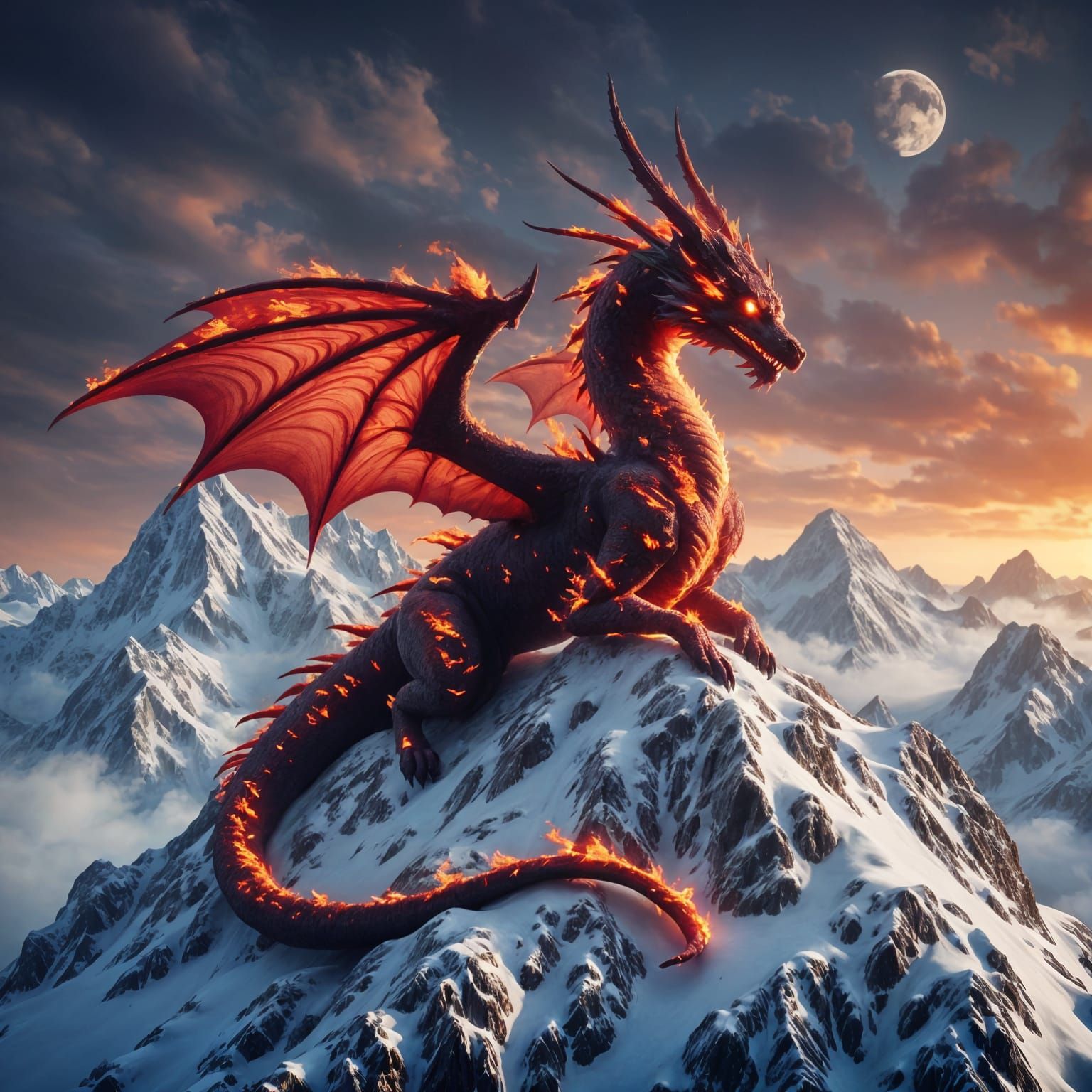 Fiery Dragon on Snowy Peak in Gothic Art Style