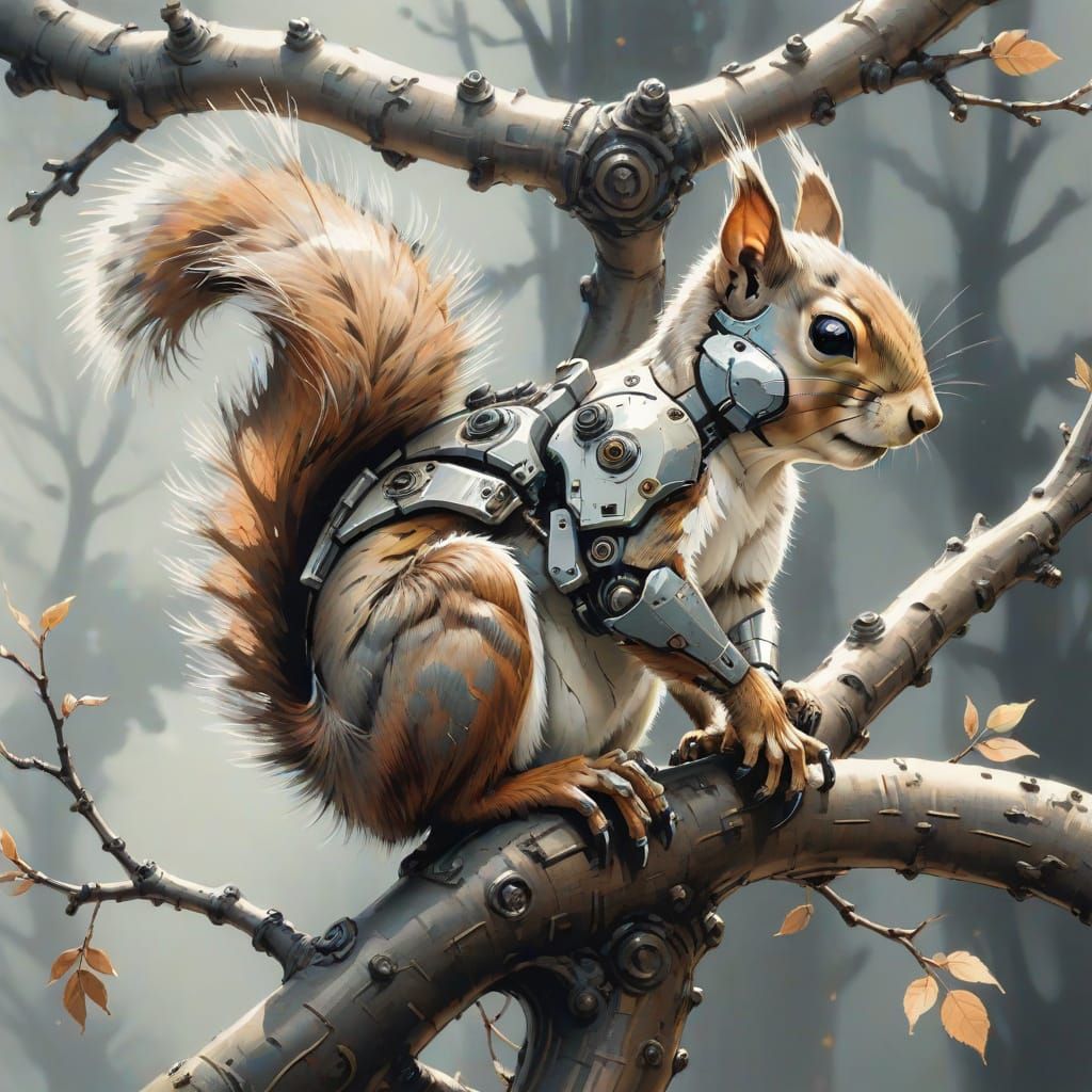 Cyborg Squirrel in Japanese Sumi-e Ink Painting Style